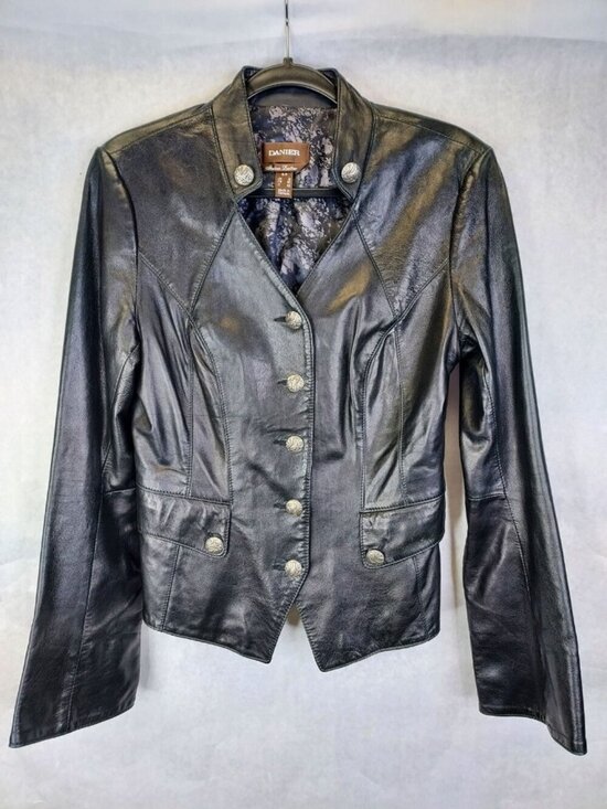 Danier Jackets & Blazers - DANIER Button Up Leather Jacket Women's S Black Flared Sleeve Biker Goth Witchy